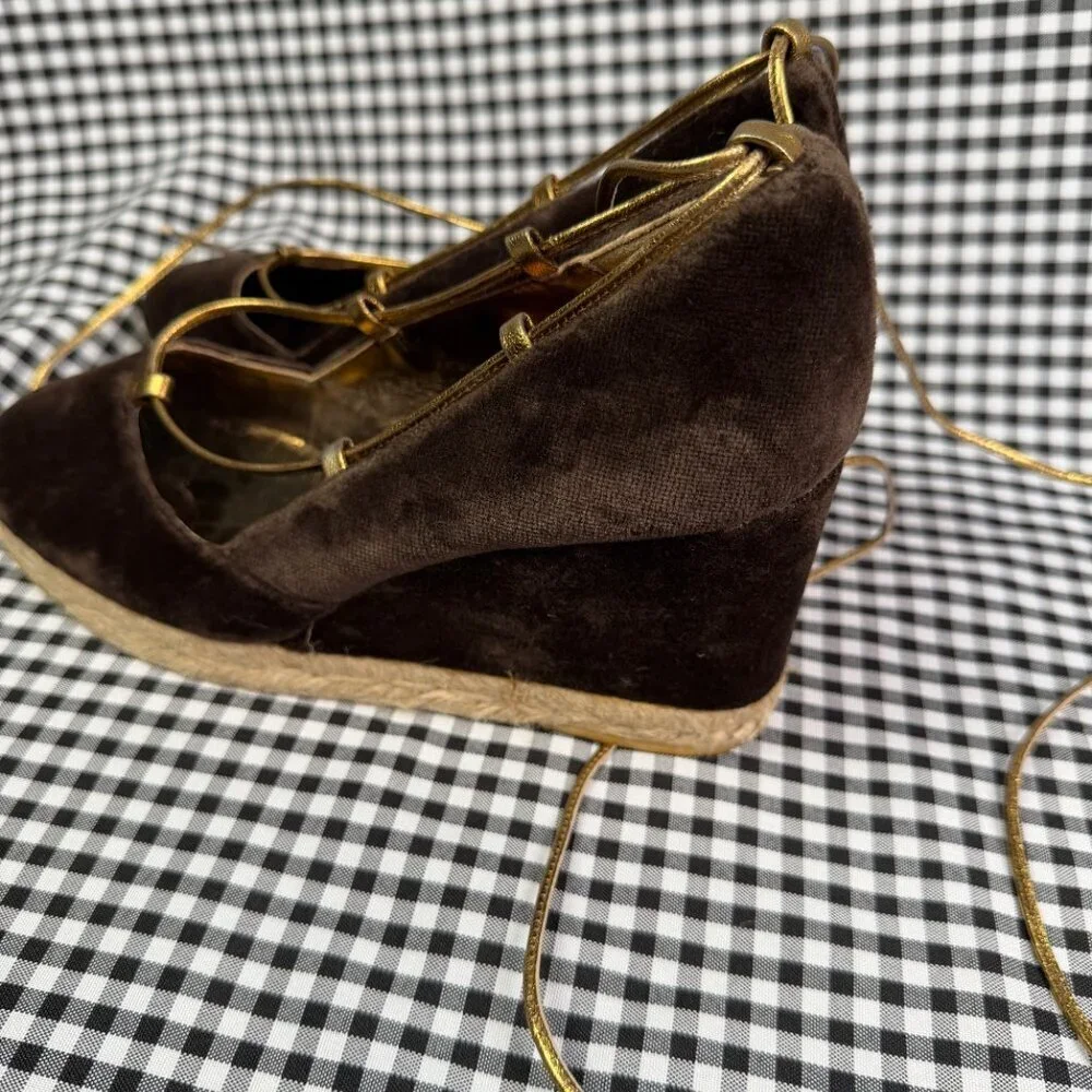 Tory Burch Velvet Espadrille Wedge Heels Brown Gold Lace Up Size 6.5